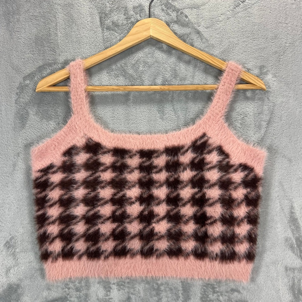Storia Houndstooth Fuzzy Eyelash Knit Tank Crop Top Women S Pink Brown Cozy Soft